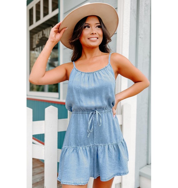 Just Hanging Out Chambray Drawstring Waist Romper (Chambray)