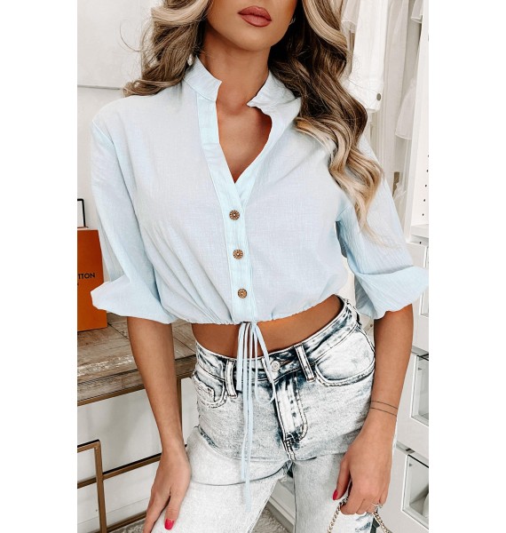 Gypsy Life Button-Front Linen Crop Top (Blue)