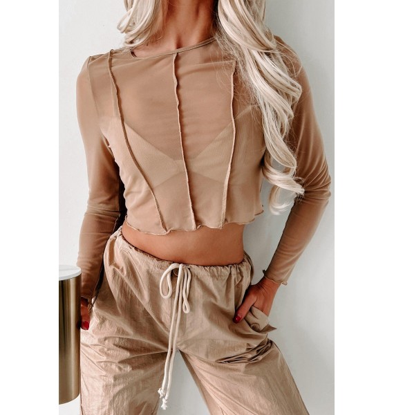 Flirty Phase Mesh Long Sleeve Crop Top With Bralette (Taupe)