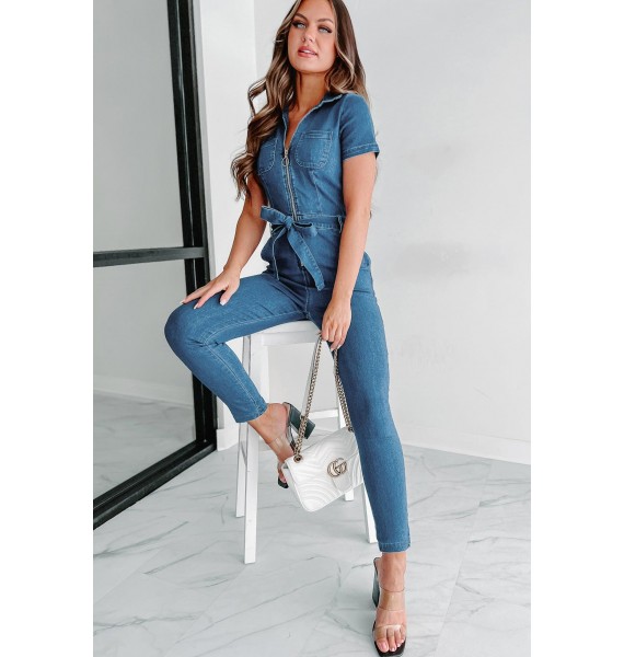 Justine Front Zip Denim Jumpsuit (Medium Denim)