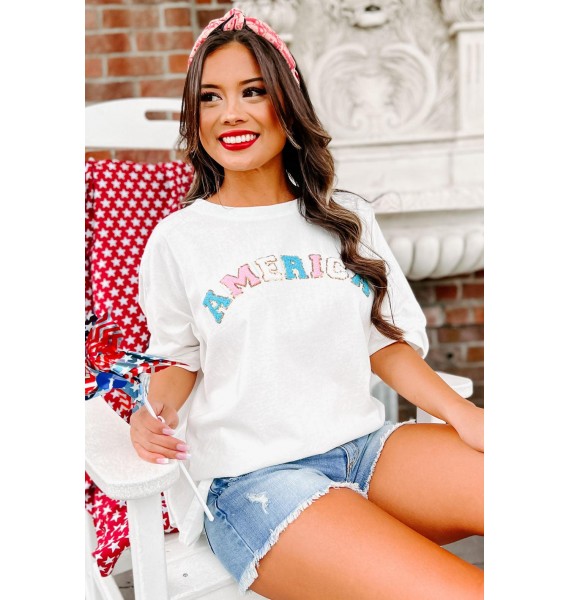 American Cutie Oversized Patch Graphic Top (White)