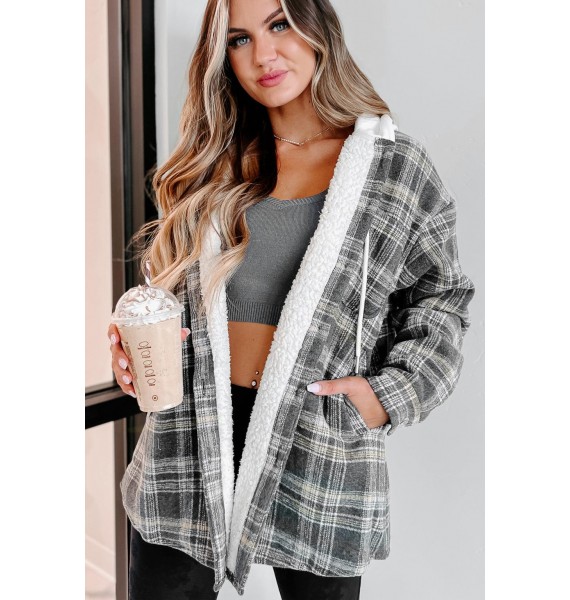 Around The Fire Sherpa Lined Hooded Plaid Jacket (Grey)