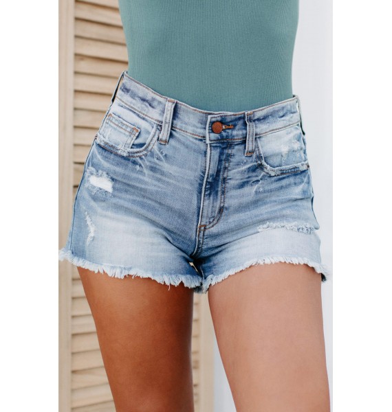 Carmen Mid Rise Sneak Peek Distressed Denim Shorts (Medium)