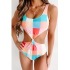 Summer Love Plaid Twist Front One Piece Swimsuit (Multi)