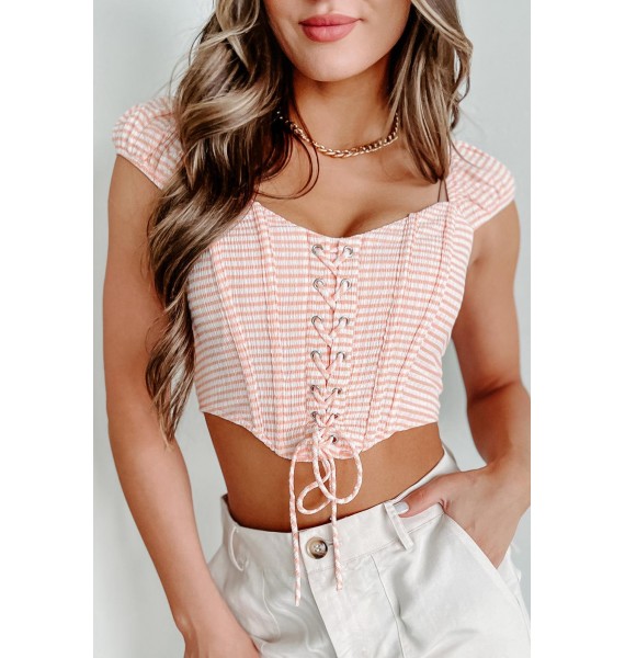 Babe Alert Striped Lace-Up Corset Top (Coral)