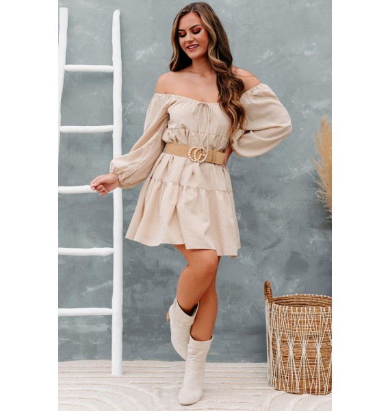 Carlinn Off-The-Shoulder Tiered Dress (Taupe)