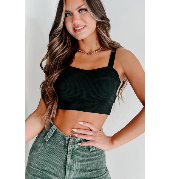 Simone Ribbed Sweetheart Crop Top (Black)