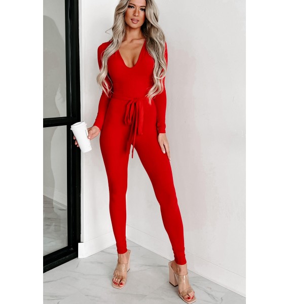 Don't Worry About Me Ribbed Jumpsuit (Red)