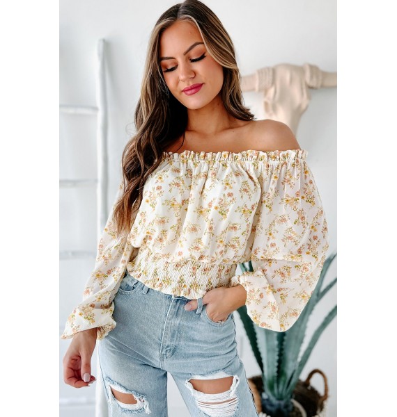 Cheery Times Floral Off The Shoulder Crop Top (Ivory)