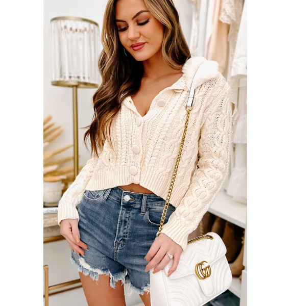 Don't Call Me Sweetheart Fur Collared Cable Knit Cardigan (Ivory)