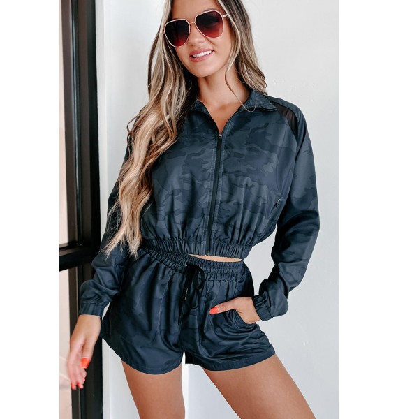 Surviving & Thriving Camo Cropped Zip-Up Jacket (Dark Ocean)