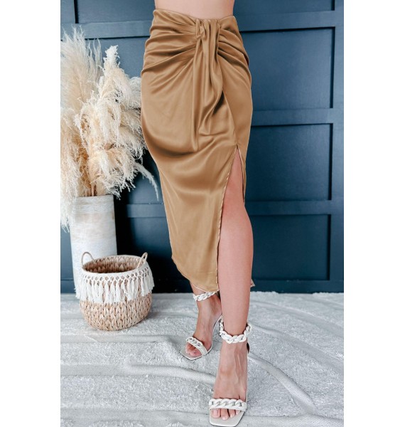 Clever Mind Pleated Satin Midi Skirt (Cafe Latte)