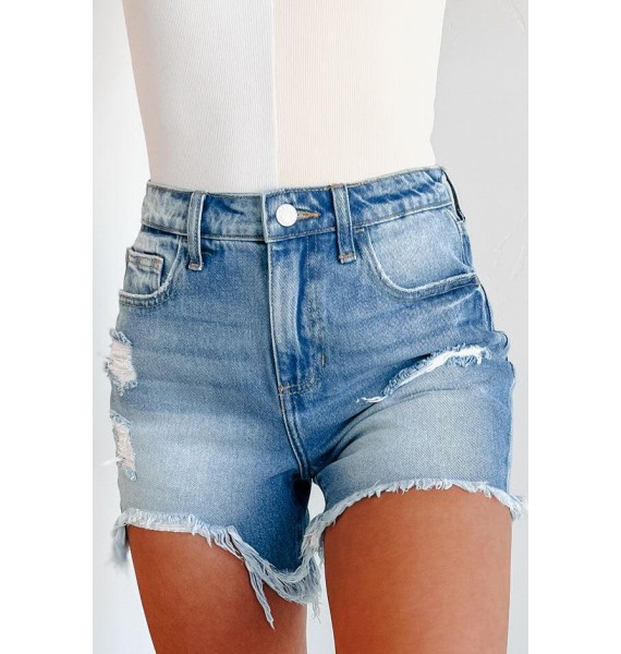 Solving Problems High Rise Uneven Hem Cello Denim Shorts (Light)