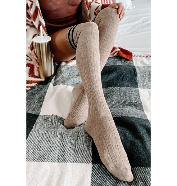 Put A Sock In It Varsity Striped Over The Knee Socks (Mocha)