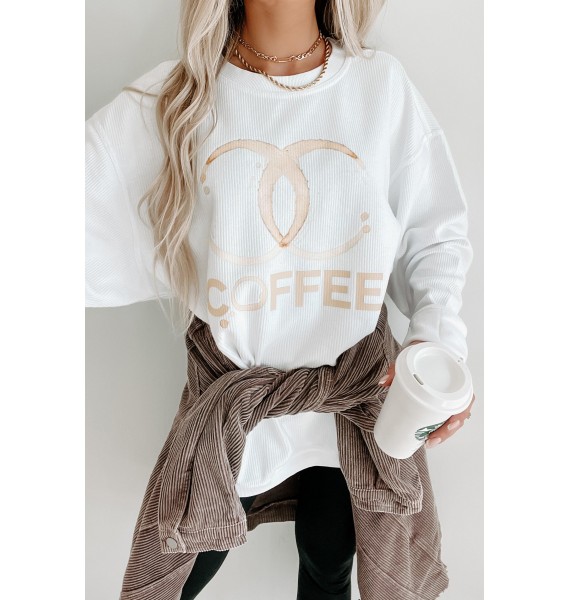 Coffee Addict Corded Graphic Crewneck (White) - Print On Demand