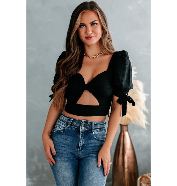 Anette Cross Tie Back Cutout Crop Top (Black)