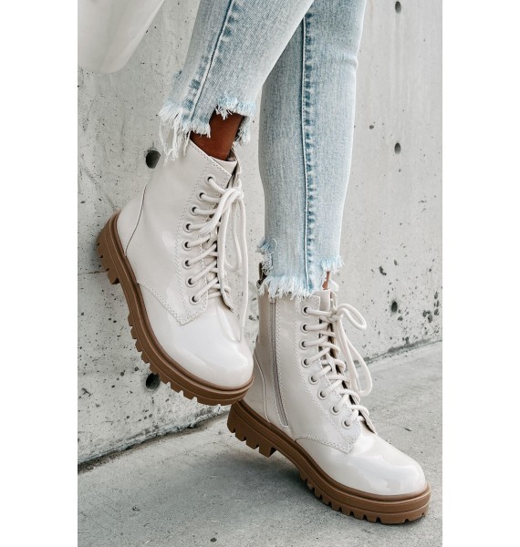 Slick Moves Patent Leather Combat Booties (Bone)