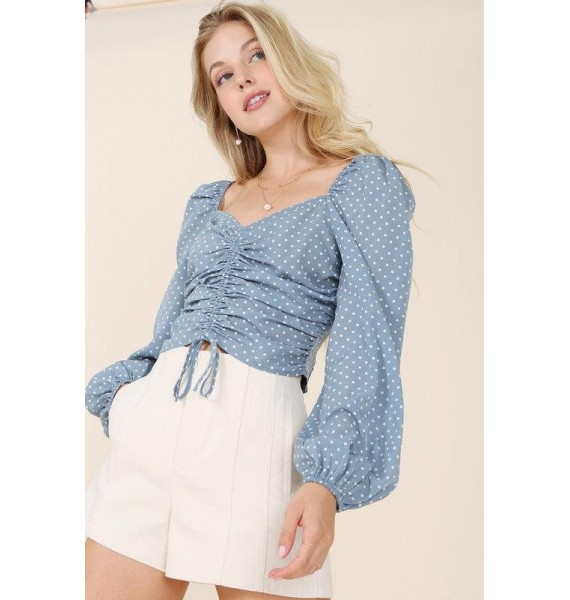 Cross My Mind Ruched Polka Dot Crop Top (Blue)