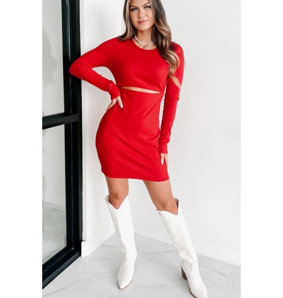 Bragging Rights Ribbed Cut-Out Bodycon Dress (Red)