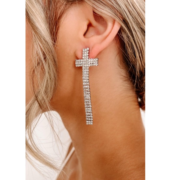 Fashionable Blessings Rhinestone Cross Earrings (Silver)