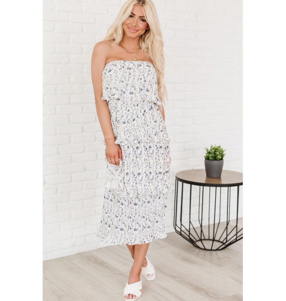 Chasing Reality Strapless Tiered Floral Midi Dress (Off White, Blue)