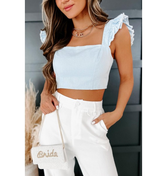 Summer Ready Ruffle Sleeve Denim Crop Top (Light Blue)