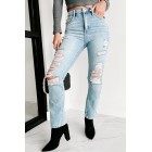 Bevie Distressed High Rise Straight Leg Jeans (Light)