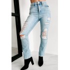 Bevie Distressed High Rise Straight Leg Jeans (Light)