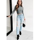 Bevie Distressed High Rise Straight Leg Jeans (Light)