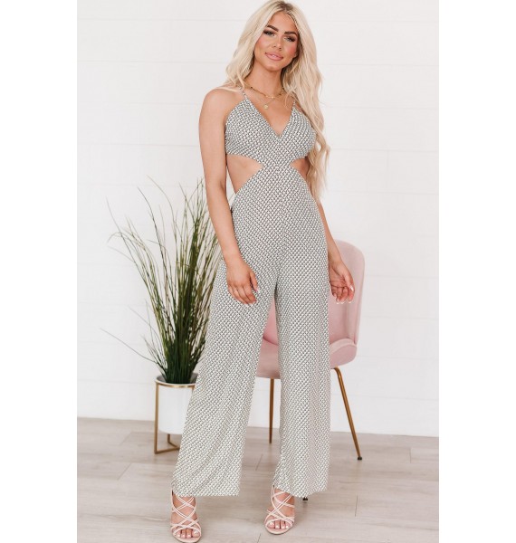 Press Rewind Cut-Out Halter Jumpsuit (White/Khaki Geo)