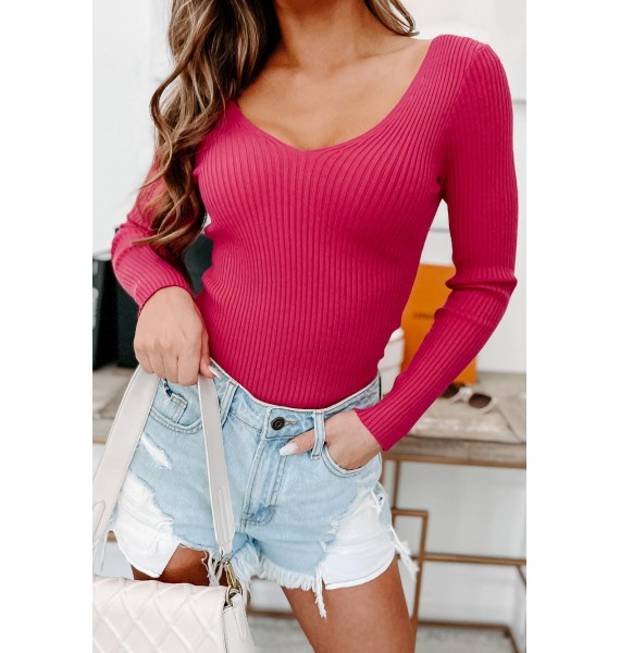 A Date With Destiny Ribbed V-Neck Sweater (Magenta Pink)