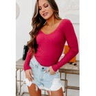 A Date With Destiny Ribbed V-Neck Sweater (Magenta Pink)