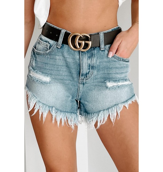 My Way High Rise Cello Distressed V-Cut Denim Shorts (Light)