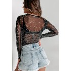 Bucking The System Rhinestone Mesh Long Sleeve Bodysuit (Black)