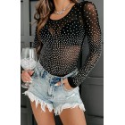 Bucking The System Rhinestone Mesh Long Sleeve Bodysuit (Black)