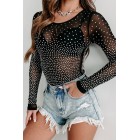 Bucking The System Rhinestone Mesh Long Sleeve Bodysuit (Black)