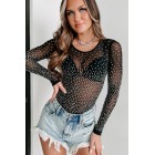 Bucking The System Rhinestone Mesh Long Sleeve Bodysuit (Black)