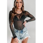 Bucking The System Rhinestone Mesh Long Sleeve Bodysuit (Black)