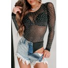 Bucking The System Rhinestone Mesh Long Sleeve Bodysuit (Black)