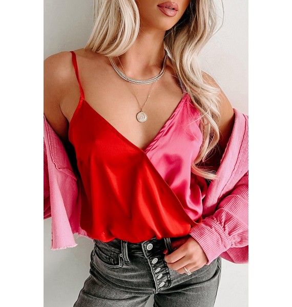 Sundown Socializing Surplice Colorblock Bodysuit (Red/Fuchsia)