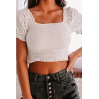 Loretta Eyelet Sleeve Smocked Crop Top (White)