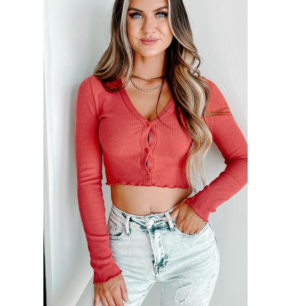 Changing Your Story Ribbed Button-Front Crop Top (Terra)