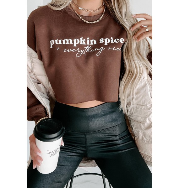 Nice With Pumpkin Spice Side Ribbed Fleece Crop Top (Chocolate) - Print On Demand