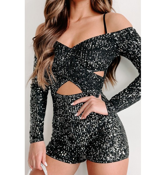 Forever Bold Sequin Cut-Out Romper (Black/Silver)