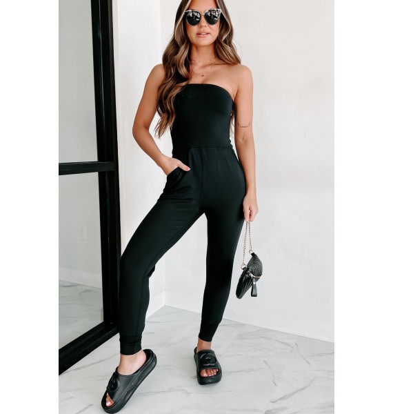 Addicted To Traveling Strapless Jumpsuit (Black)