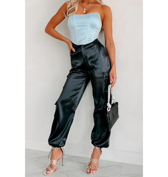 A Step Above Average Satin Cargo Pants (Black)