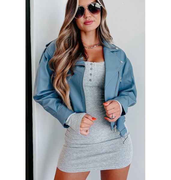 Addicted To Danger Faux Leather Moto Jacket (Blue)