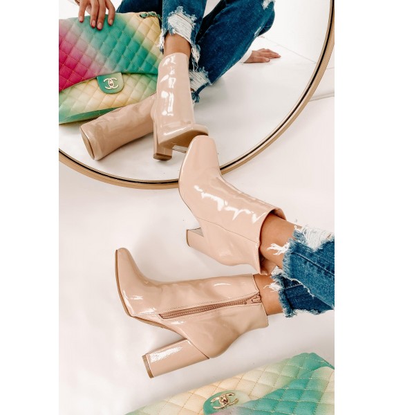 Show Up & Show Off Patent Leather Heeled Ankle Booties (Nude Patent)