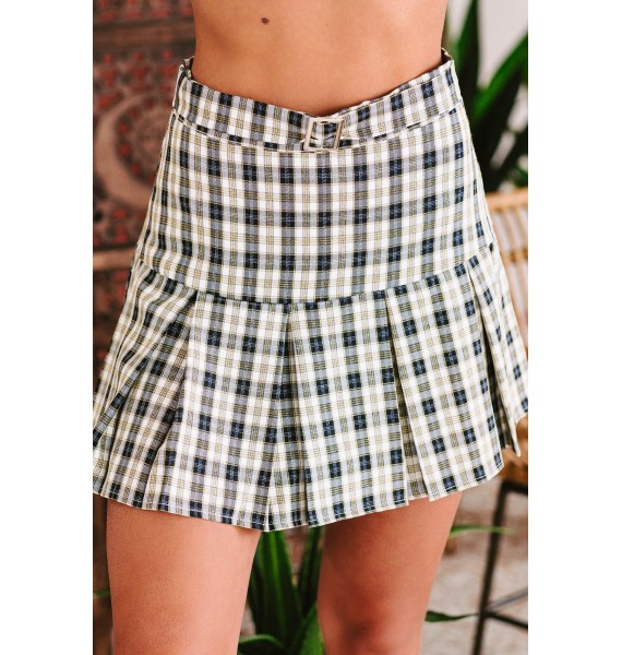 Class In Session Pleated Plaid Mini Skort (Navy)