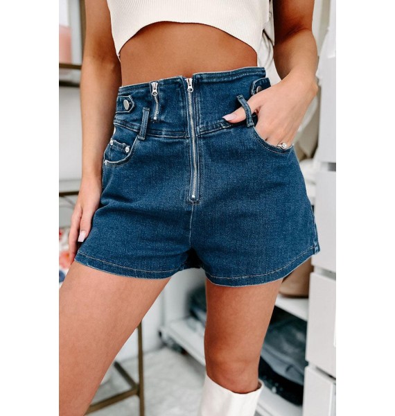 Forever Retro High Rise Zipper Front Denim Shorts (Dark Denim)